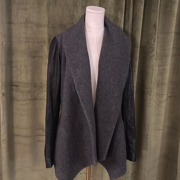 Theory gray/black wool/cashmere/ lamb leather open front jacket, M - Picture 5 of 11